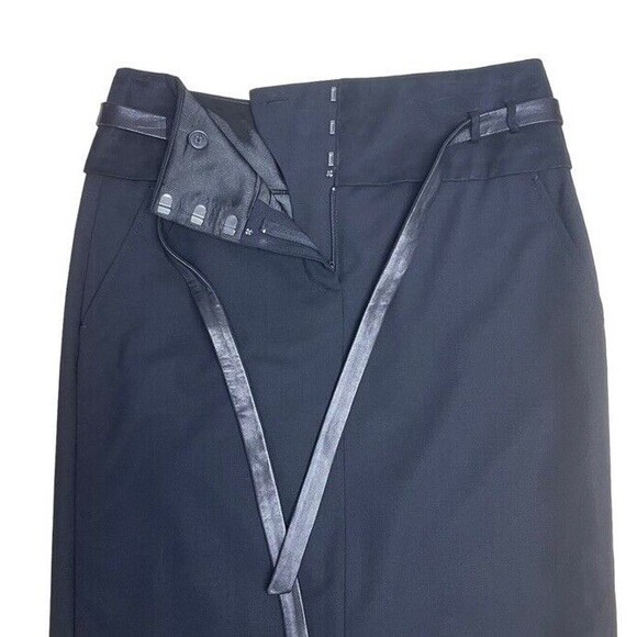 ELIE TAHARI Pencil Knee Skirt Black Wool Leather Tie-Waist Pockets Career 2 EUC - Picture 3 of 8